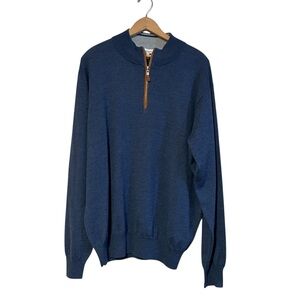 Peter Millar Moon Blue Suede Trim Quarter Zip Pullover Sweater Wool Silk Sz XL